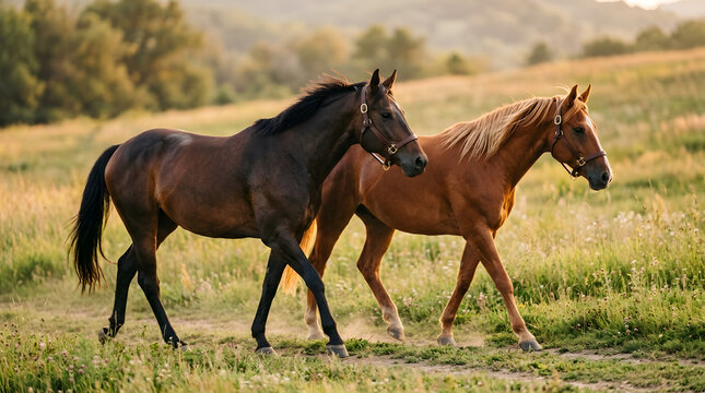 Dois cavalos majestosos caminhando juntos em um pasto ao p&ocirc;r do sol