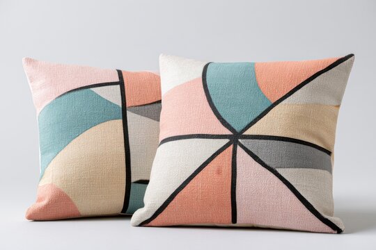 Decorative square pillows with abstract geometric patterns in pastel colors, featuring soft textures and contrasting black lines, arranged on a light background