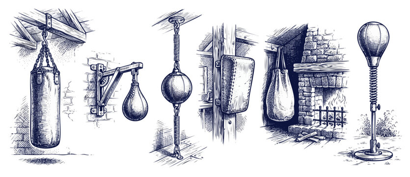 Boxing punching bag vintage sketch set showing retro training gear equipment like speedball and heavy bag in classic gym interiors evoking hand-drawn heritage athletic style and historic workouts.