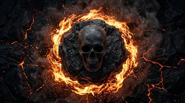 Skull surrounded by flames and fire.