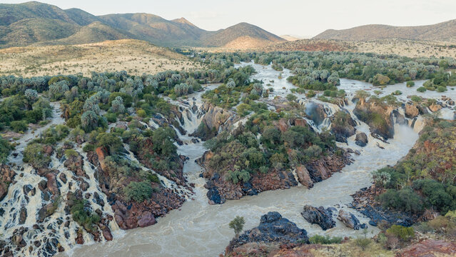 Epupa Falls aerial view showing cascade waterfalls and Kunene River