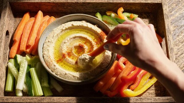 Dipping Carrot Stick into Hummus with Fresh Vegetables