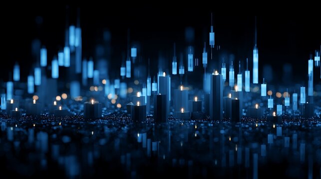 Blue glowing skyscrapers with windows illuminated in a dark night cityscape