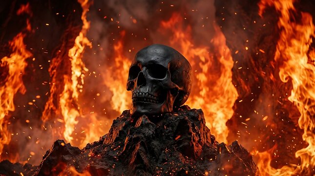 Burning Skull in Fiery Inferno Scene.