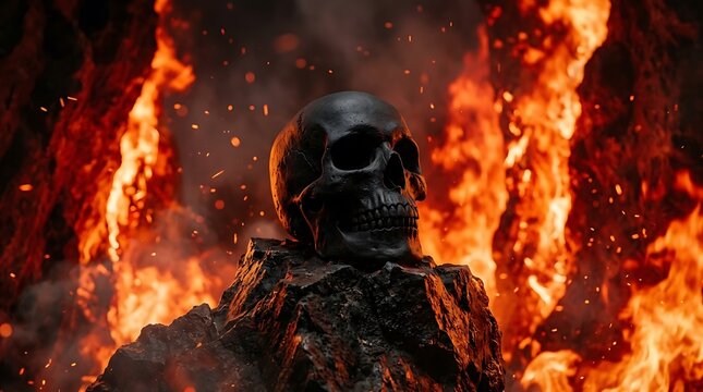 Burning skeleton in fiery inferno scene.