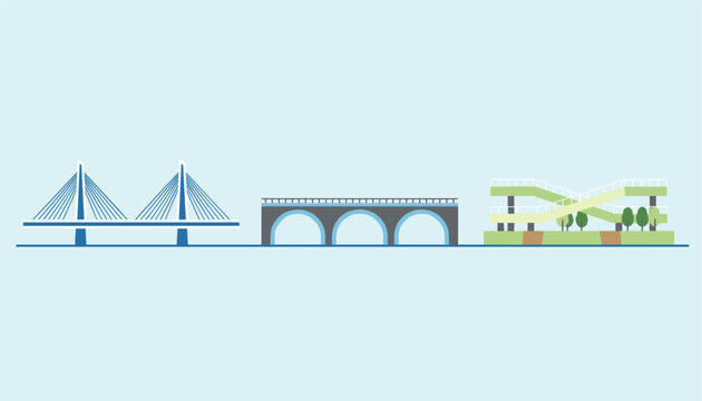 Collection of bridge types including a cable-stayed bridge, stone arch, and a modern pedestrian overpass in a minimalist design.