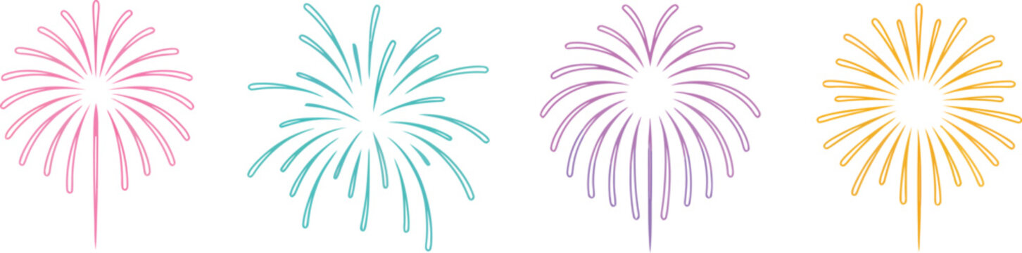 Colorful hand drawn firework explosion icons collection with fireworks celebration explosion celebratory pyrotechnics abstract illustration elements creative collection decorative birthday