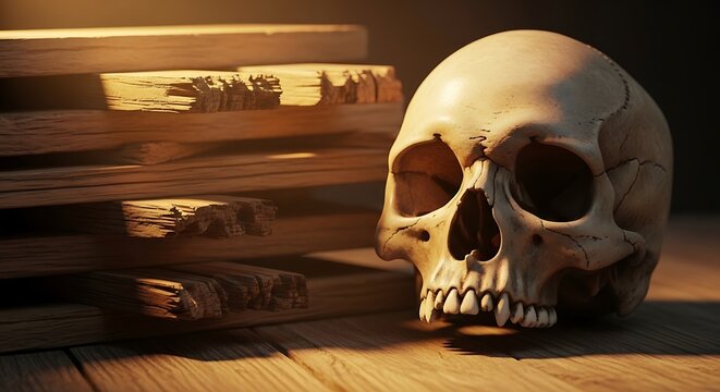 Human Skull on Wooden Table Books.
