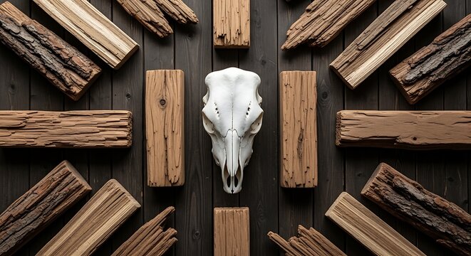 White animal skull on wooden background.