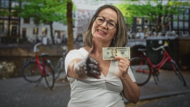 Senior woman smiling extends hand for handshake while holding a twenty dollar banknote on street by canal and bicycles; generosity welcome.