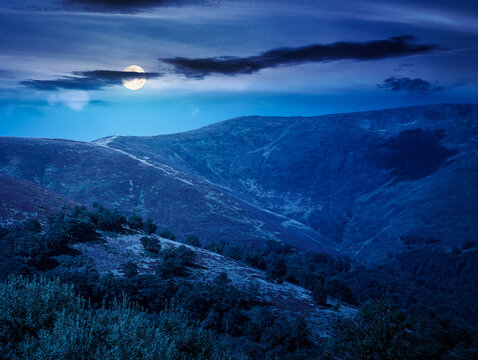 carpathian mountain landscape. travel ukraine in summer. slopes mountain ridge in august at night. wonderful carpathian adventure in full moon light