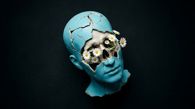 Blue human head with skull inside.
