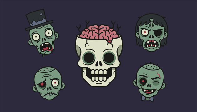Collection of five creepy zombie heads and a human skull with exposed brain, perfect for Halloween, horror, or gaming themes.