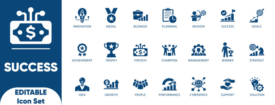 Success Icon Set. achievement, goal, management, objective, solution, strategy, success, and solid illustration.