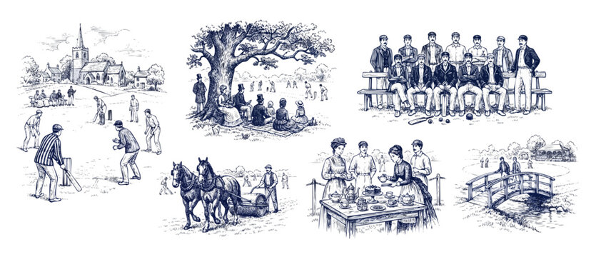 Vintage Victorian cricket illustration set showing historic sports players, match scenes, village green, team photo, tea break, horse roller, and rustic church in nostalgic heritage sketch style.