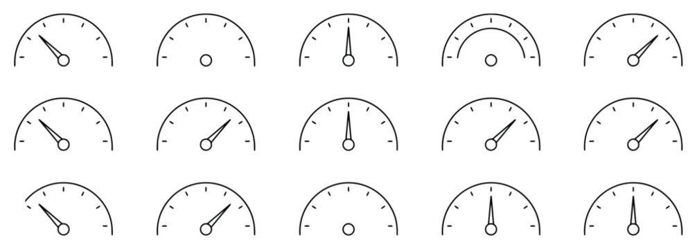 Speedometer icons representing speed gauge performance monitoring and vehicle dashboard indicators