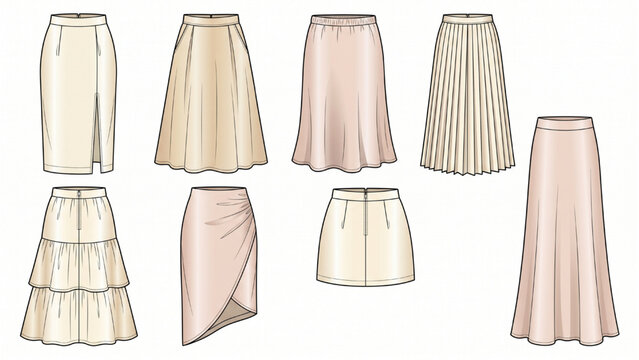 Women's Satin Skirt Collection Technical Flat CAD Vector Illustration, Luxury Minimalist Fashion Garment Templates Isolated on White Background