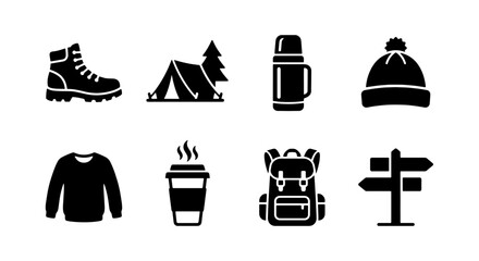 Hiking camping icon set boots tent backpack and trail sign © Bodrunahar