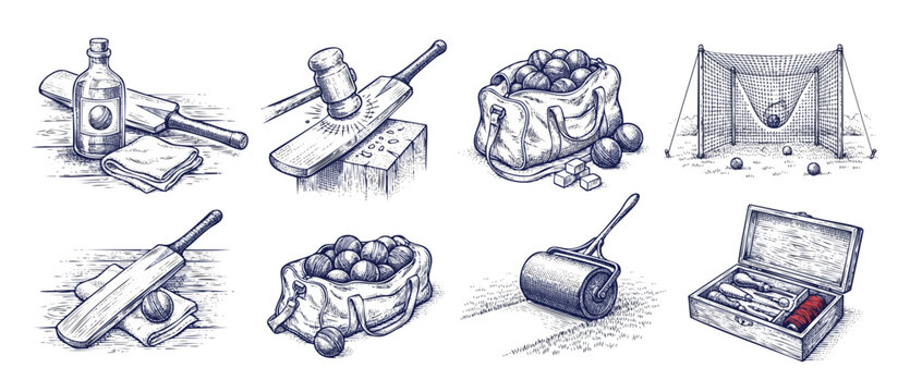 Cricket equipment vintage sketch set showing bat maintenance, balls in bag, pitch roller, net, mallet knocking, and repair box. Hand-drawn engraving elements isolated on white background.