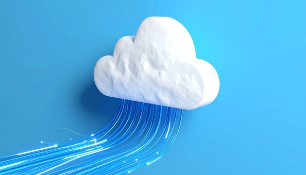   
Stylized white cloud with glowing blue data streams on bright sky background evoking digital connectivity, cloud computing, and modern technology infrastructure.