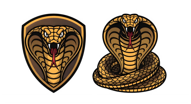 Two pixel art cobra snake illustrations with a golden color scheme