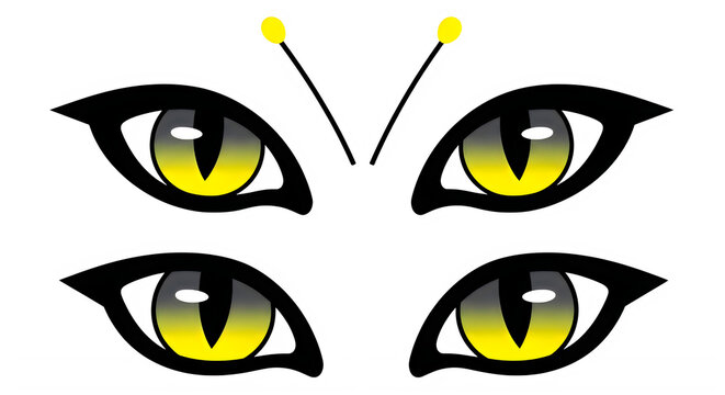 Set of stylized yellow cat eyes with antennas in a vector graphic design