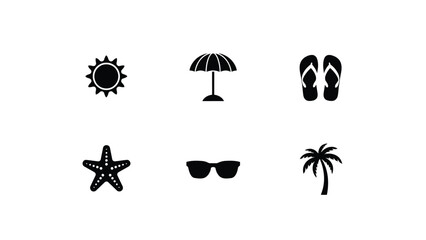 Naklejka premium Minimalist beach vacation icons set showcasing summer relaxation with sun umbrella flip flops starfish sunglasses