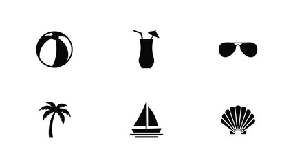 Obraz premium Vibrant tropical vacation icons set showcasing beach essentials like sunglasses beach ball cocktail sailboat seashell and palm tree for travel marketing