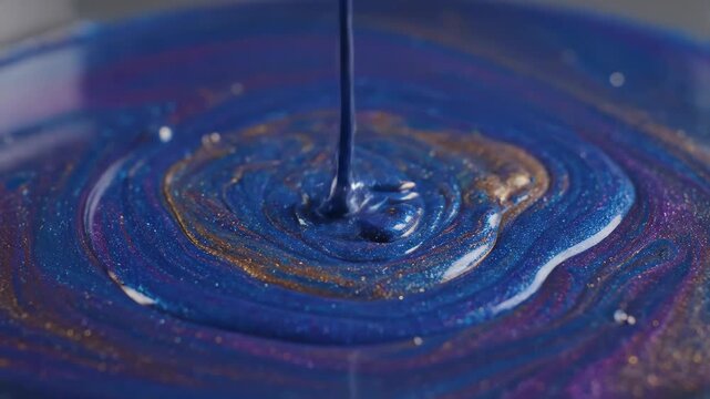 Close-up of blue paint liquid flow, fluid pigment flow special effect