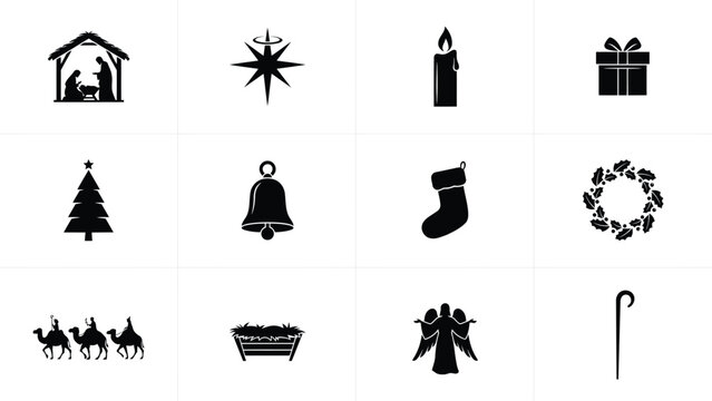 Modern minimalist holiday icons set featuring nativity star candle gift tree bell stocking wreath angels and shepherds for festive designs