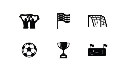 Celebrating victory with fans cheering trophy flag and soccer field icons in modern black silhouette style © SabitaRani