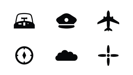 Minimalist aviation and navigation icon set featuring pilot cap airplane propeller control tower © SabitaRani