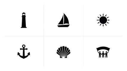 Minimalist black and white icons of nautical adventure and coastal lifestyle © SabitaRani
