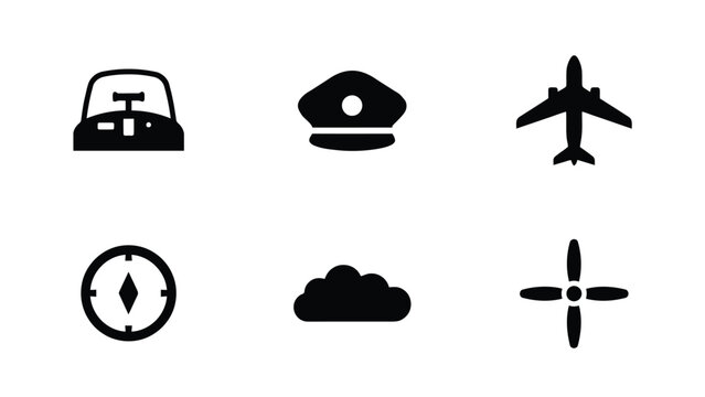 Minimalist aviation and navigation icon set featuring pilot cap airplane propeller control tower