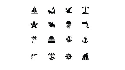 Minimalist black and white icon collection showcasing coastal and nautical themes for travel marketing © SabitaRani
