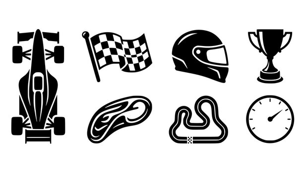 Motorsport racing icon collection featuring race car checkered flag helmet circuit trophy and speed gauge vector isolated on white