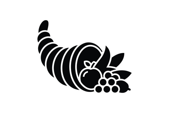 Black and white cornucopia vector icon representing Thanksgiving harvest abundance with classic horn of plenty shape overflowing with fresh delicious fruits and autumn leaves on plain background