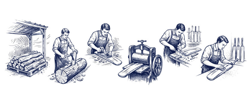 Cricket bat manufacturing process line art showing vintage woodworking steps from raw willow log splitting, hand planing, roller pressing, and final sanding of sports equipment in a workshop sketch.