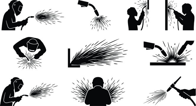 Industrial Metal Welding Silhouette Icon Set with Sparks and Workers for Manufacturing Manuals, Construction Safety & Engineering Projects (EPS)