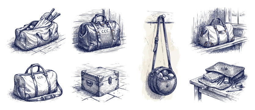 Vintage sports bag sketch collection of antique leather luggage, cricket gear, wooden chest, and retro travel duffle bags in hand-drawn engraving style for classic design projects and nostalgia.