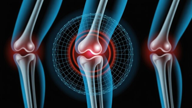3D Medical Illustration of Knee Joint Pain with Digital Target Highlight
