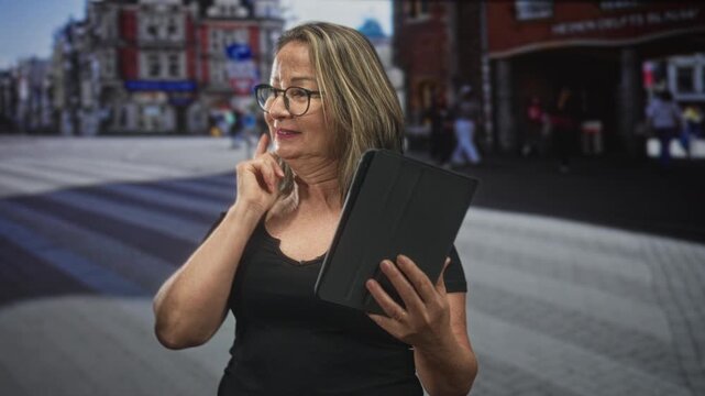 Hispanic senior woman in glasses tapping tablet with finger, holding device with both hands on a busy street; curiosity reflection.