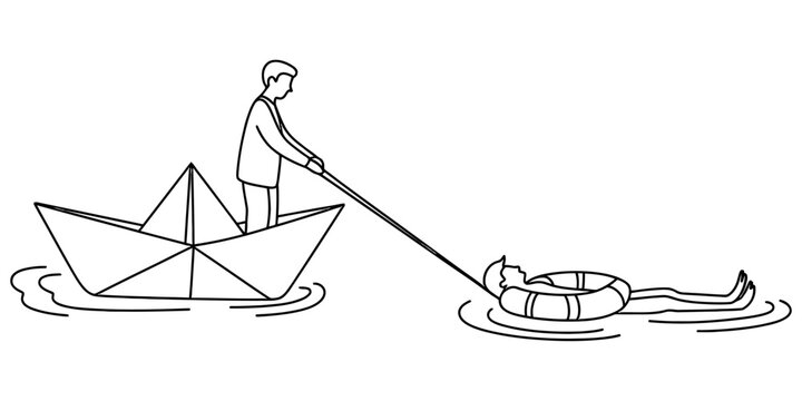 A man in a paper boat pulling a person in the water with a lifebuoy ring as a symbol of support and rescue help Vector, illustration