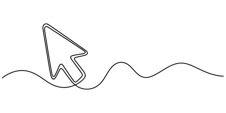 Computer mouse arrow cursor pointer drawn with a single continuous black line on a simple minimal design background Vector, illustration