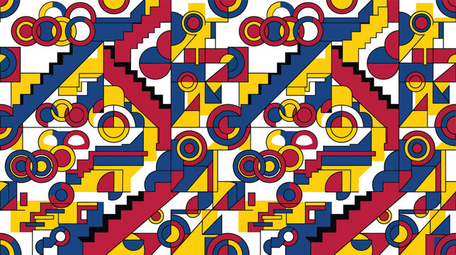 Geometric seamless pattern with abstract shapes circles and stairs in primary colors for modern textile design