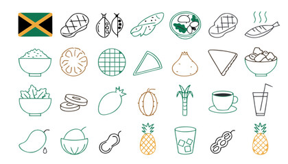Jamaican food icons in a grid with a flag showing cuisine elements © Ariyan