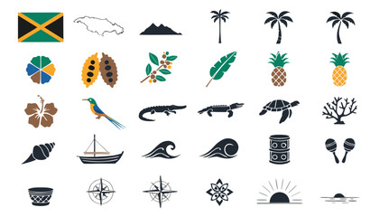 Obraz premium Jamaica icons collection with flag map flora fauna and cultural symbols on a white background