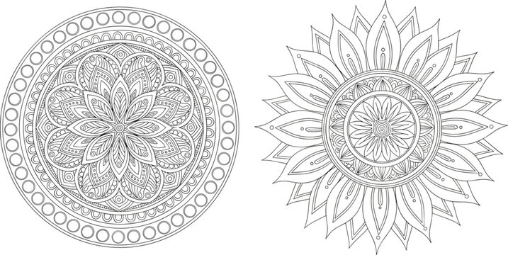 Intricate black and white circular mandala patterns with floral and geometric circular pattern