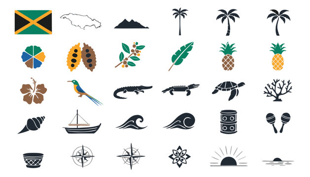Jamaica icons collection with flag map flora fauna and cultural symbols on a white background