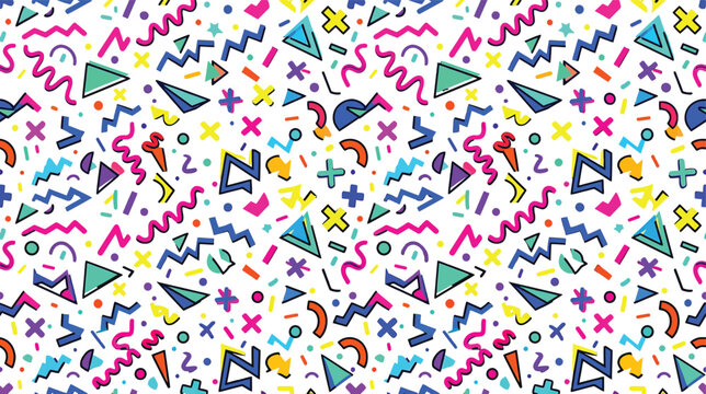 Seamless pattern with colorful geometric shapes and hand drawn squiggles on a white background vector illustration